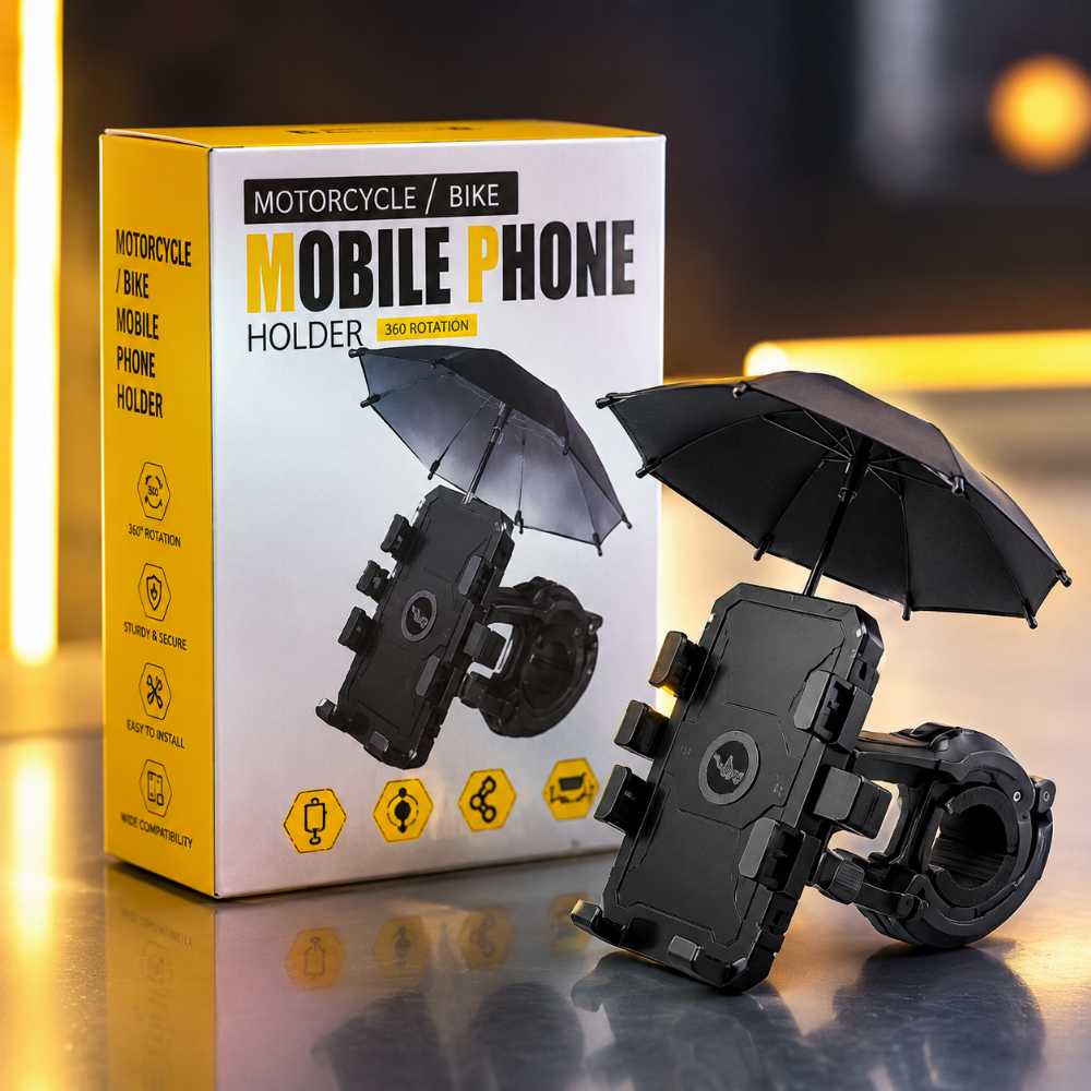 360° Motorcycle & Bike Mobile Phone Holder with Rain Umbrella | Universal Handlebar Phone Mount